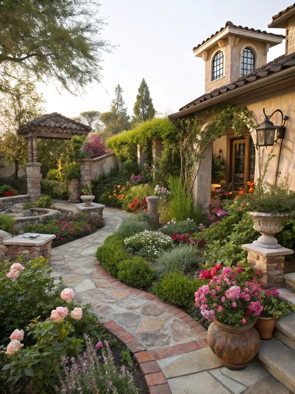 A wide shot of a meticulously designed garden, emphasizing the layout and features for commercial garden photography.