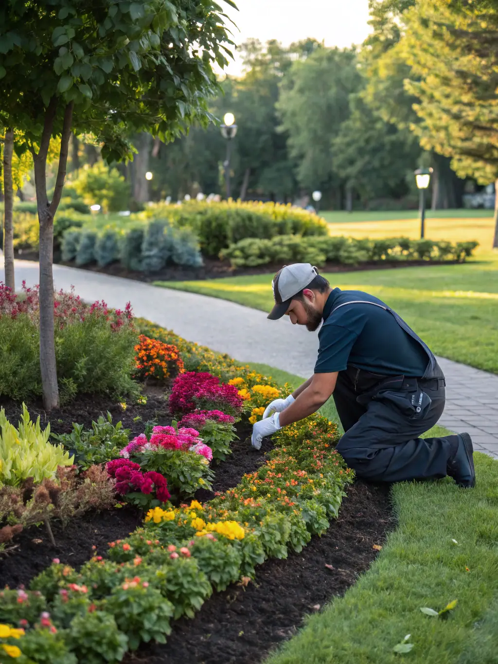 A photographer taking photos of a vibrant flowerbed in a lush garden, capturing the essence of editorial garden photography.