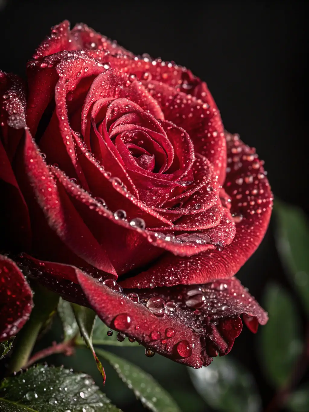 A close-up shot of a dew-kissed rose, highlighting the intricate details and artistic composition of fine art garden photography.