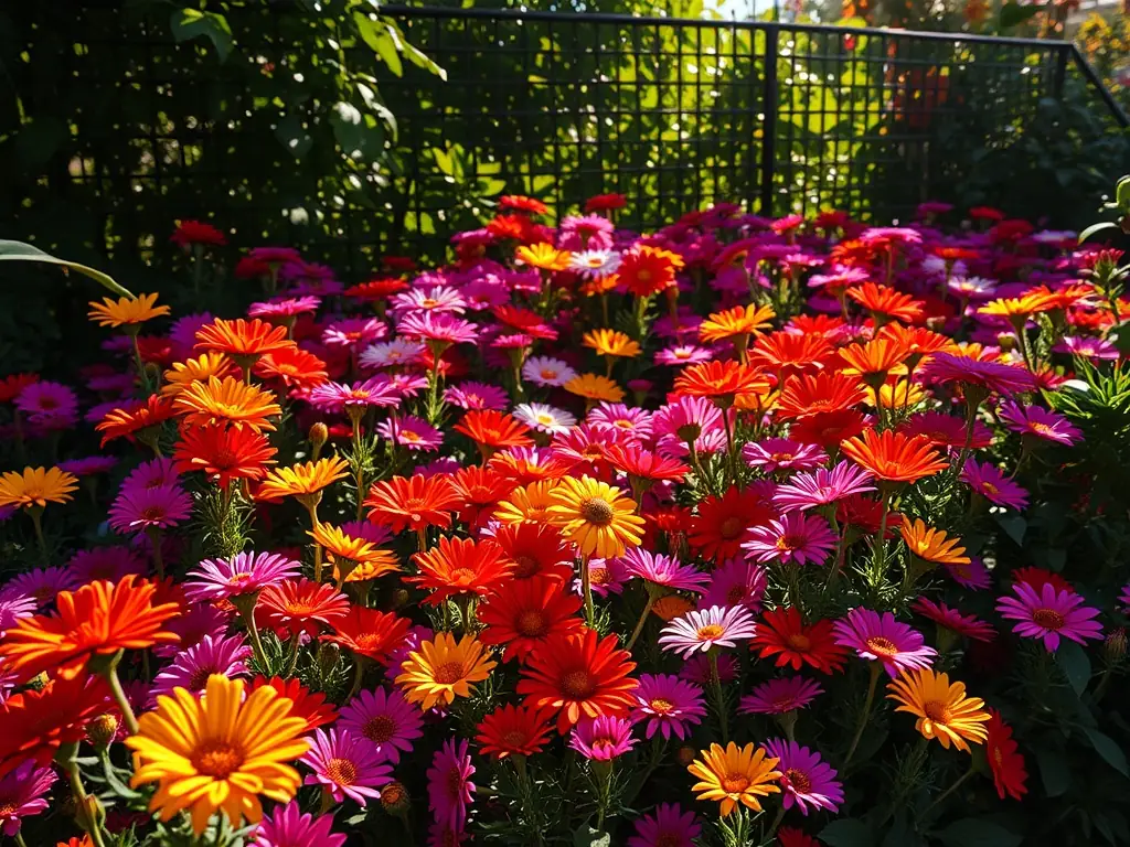 A lush garden scene with vibrant flowers and natural lighting, showcasing a professional photographer capturing the scene.