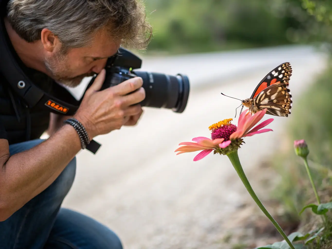 A photographer taking a close-up shot of a flower in a garden, highlighting the intricate details and vibrant colors.