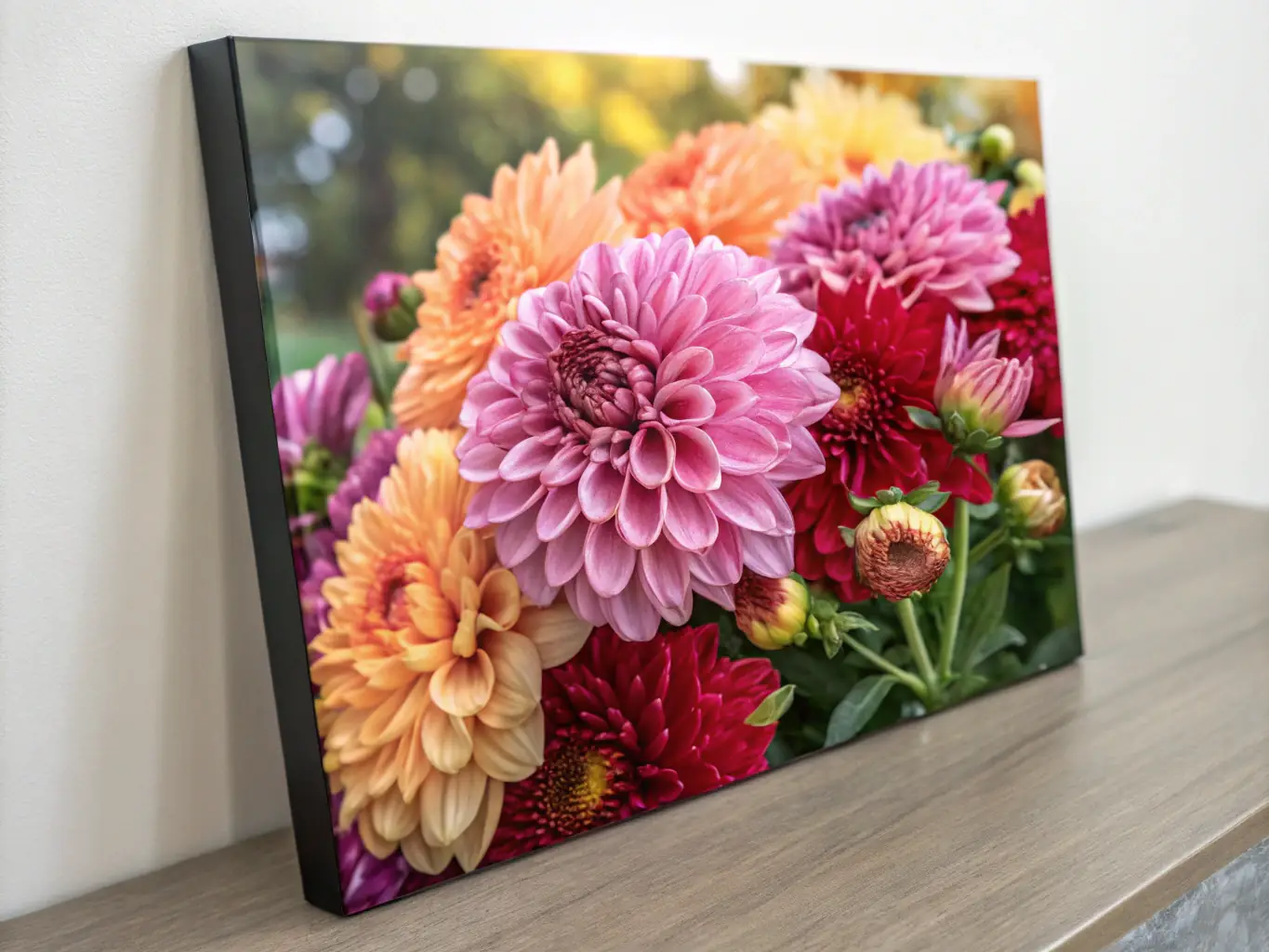 A framed high-resolution floral photograph displayed on a modern wall, emphasizing quality and artistic detail.
